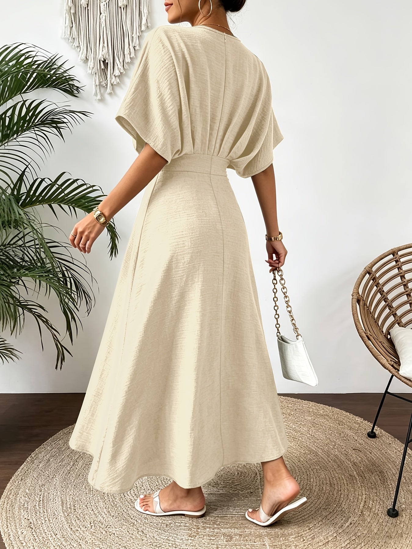 Ruffle V-Neck Batwing Sleeve A-Line Midi Dress | Bellezza Collection 7