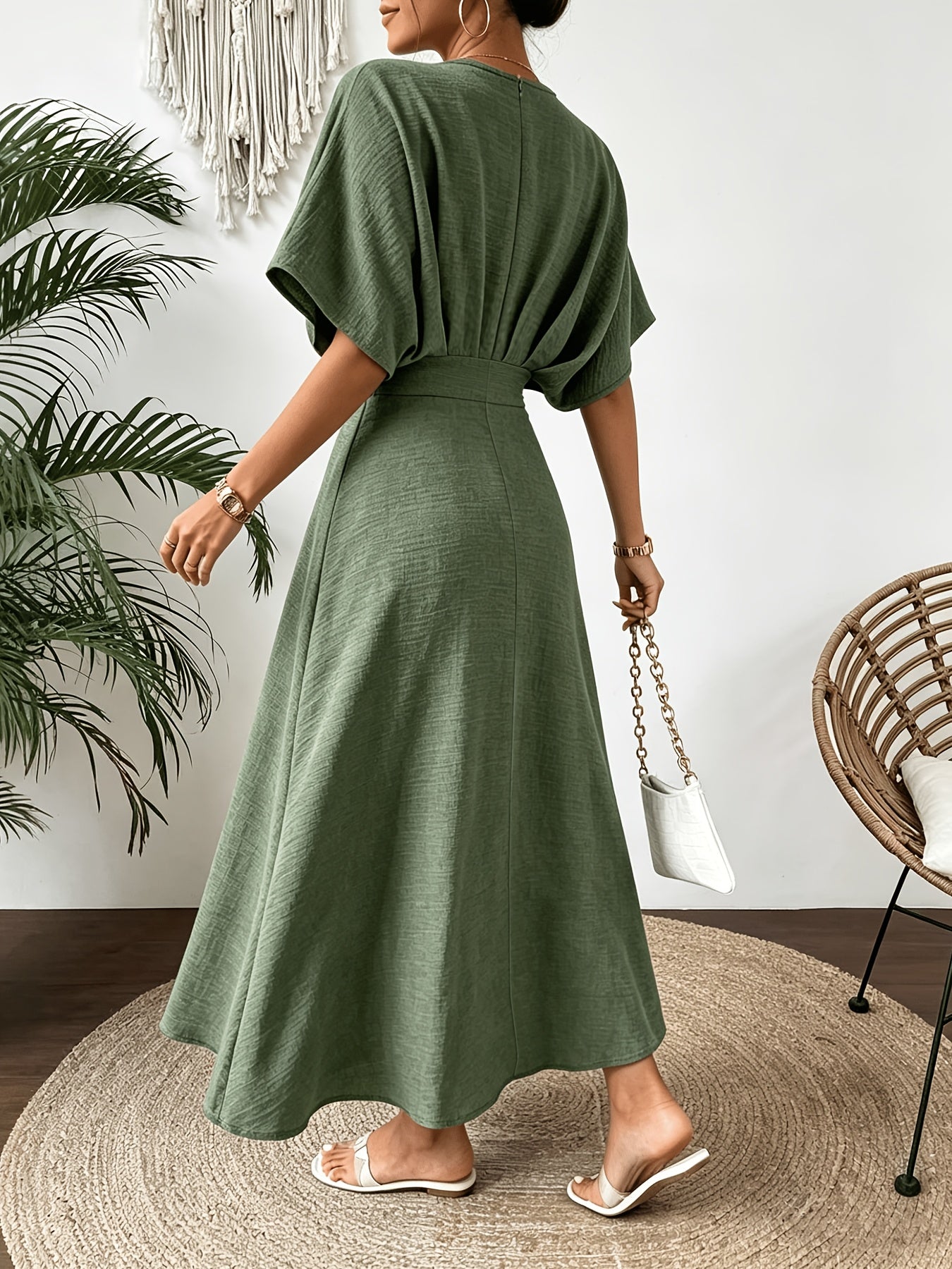 Ruffle V-Neck Batwing Sleeve A-Line Midi Dress | Bellezza Collection 8
