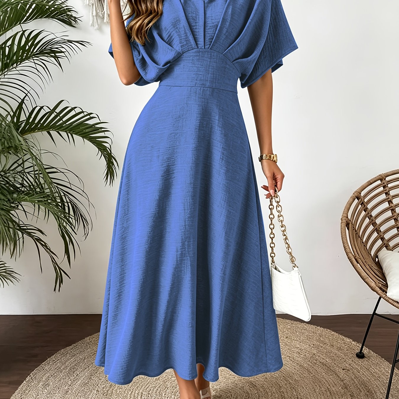Ruffle V-Neck Batwing Sleeve A-Line Midi Dress | Bellezza Collection 9