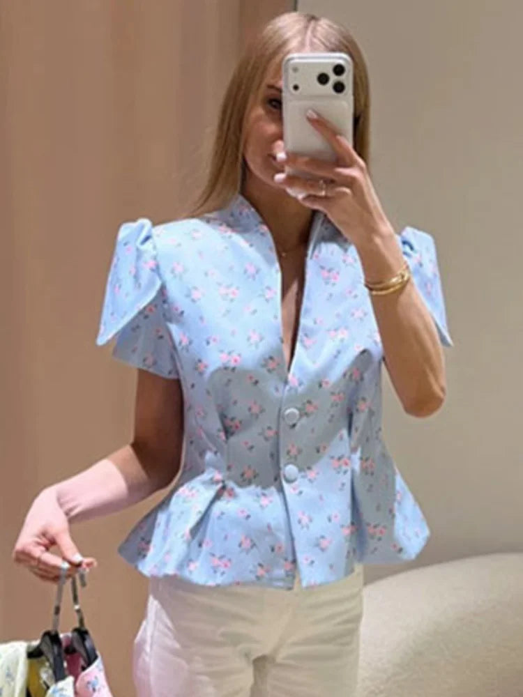 Puff Sleeve V-Neck Single Breasted Fitted Peplum Blouse | Selora Collection