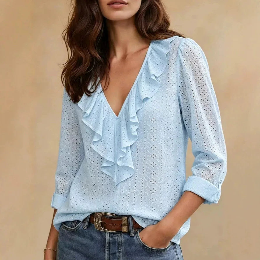 Broderie Anglaise V-Neck Ruffle Front Long Sleeve Blouse | Selene Collection
