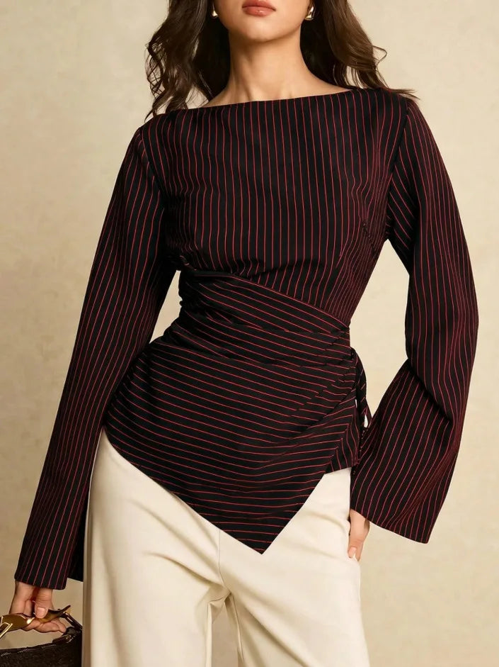 Pinstripe Boat Neck Flared Sleeve Tie Waist Asymmetric Hem Wrap Blouse | Serene Collection