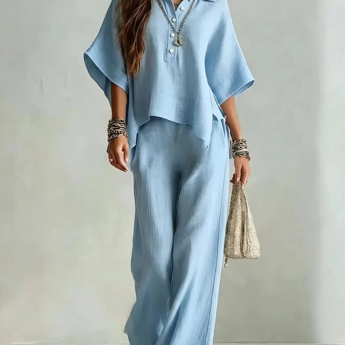 Half Sleeve Shirt and Wide Leg Trousers Two-Piece Set for Women | Selene Collection