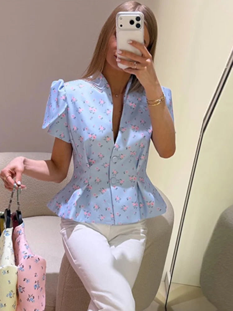 Puff Sleeve V-Neck Single Breasted Fitted Peplum Blouse | Selora Collection