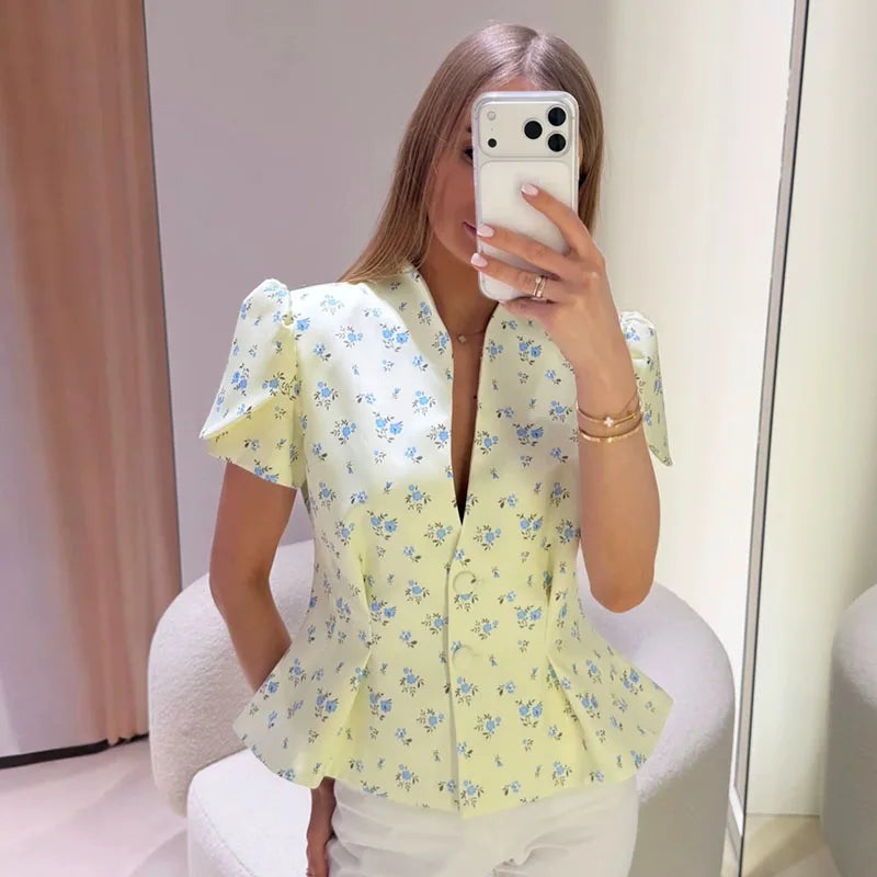 Puff Sleeve V-Neck Single Breasted Fitted Peplum Blouse | Selora Collection