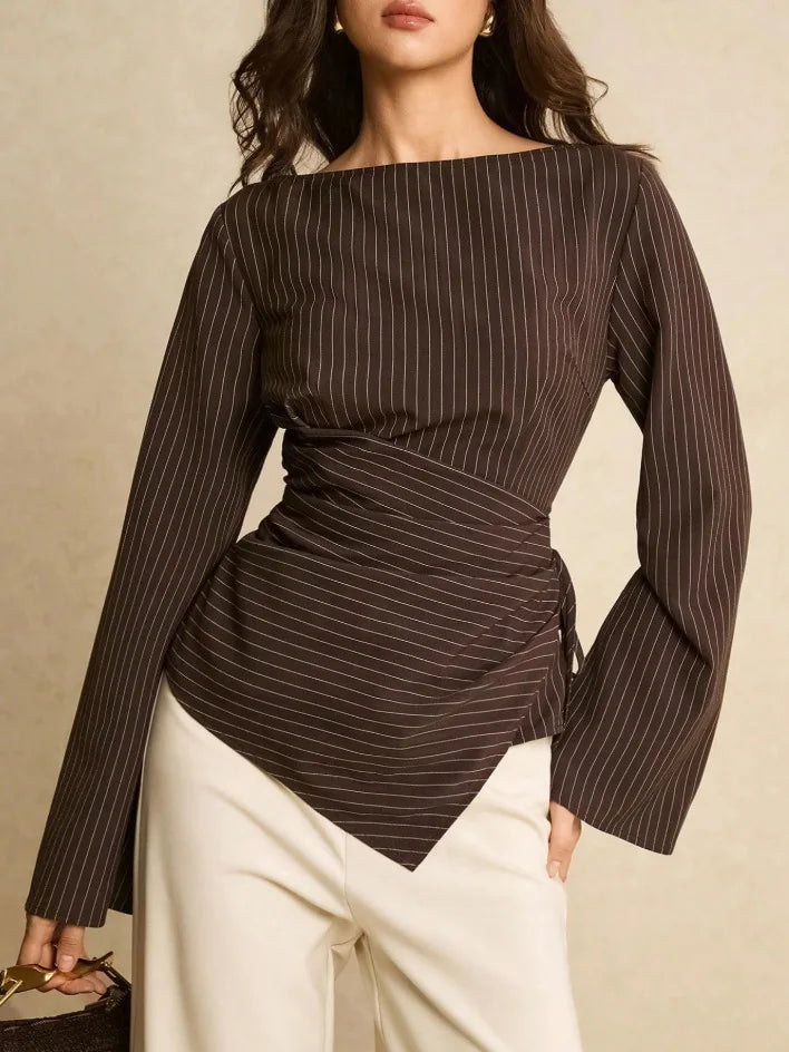 Pinstripe Boat Neck Flared Sleeve Tie Waist Asymmetric Hem Wrap Blouse | Serene Collection
