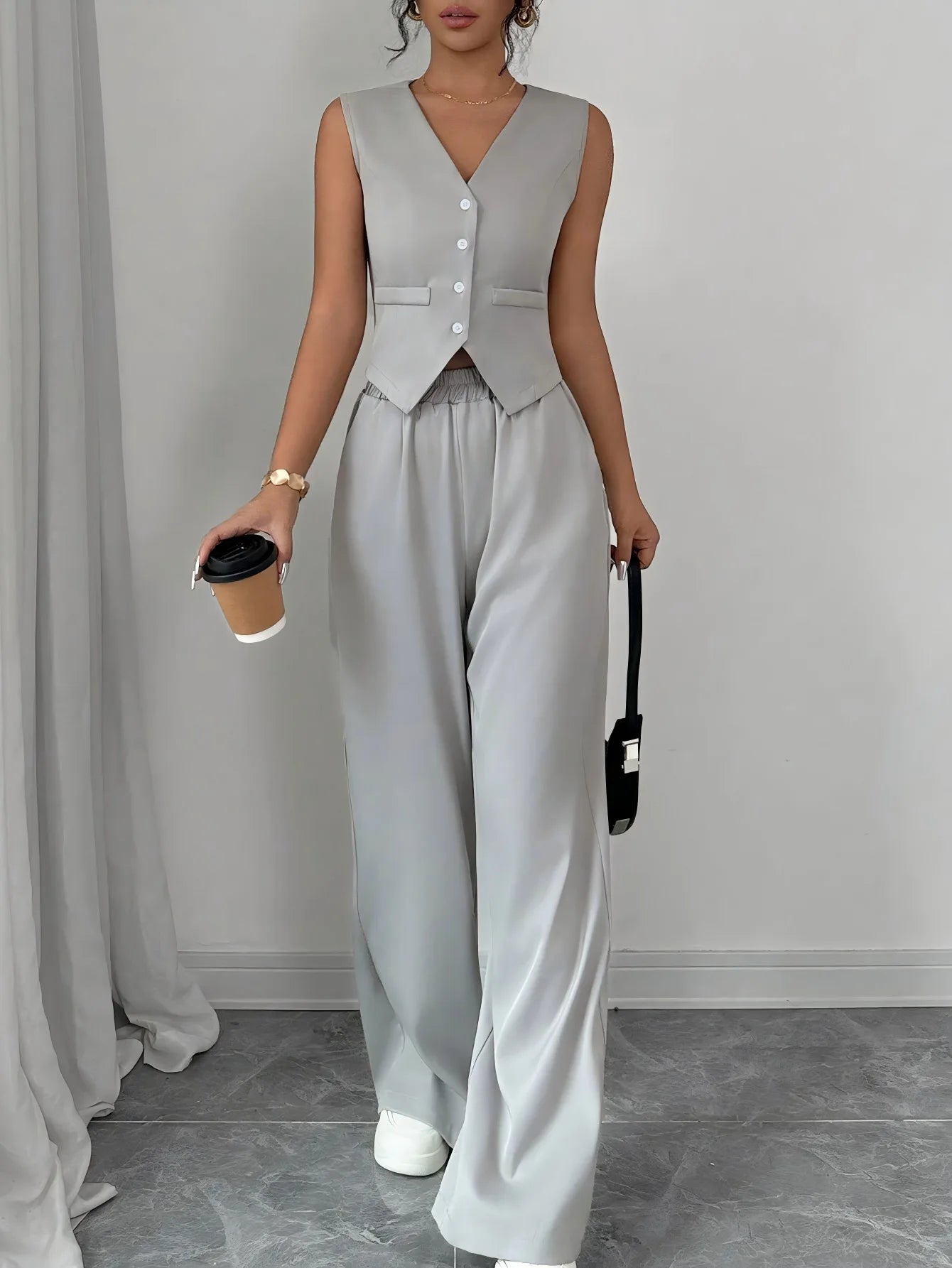 V-Neck Sleeveless Top and Wide Leg Trousers Two-Piece Set for Women | Selora Collection