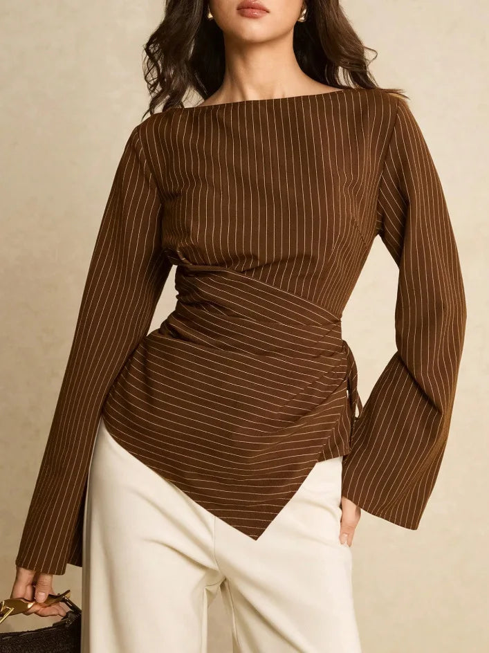 Pinstripe Boat Neck Flared Sleeve Tie Waist Asymmetric Hem Wrap Blouse | Serene Collection