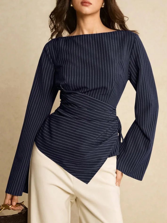 Pinstripe Boat Neck Flared Sleeve Tie Waist Asymmetric Hem Wrap Blouse | Serene Collection
