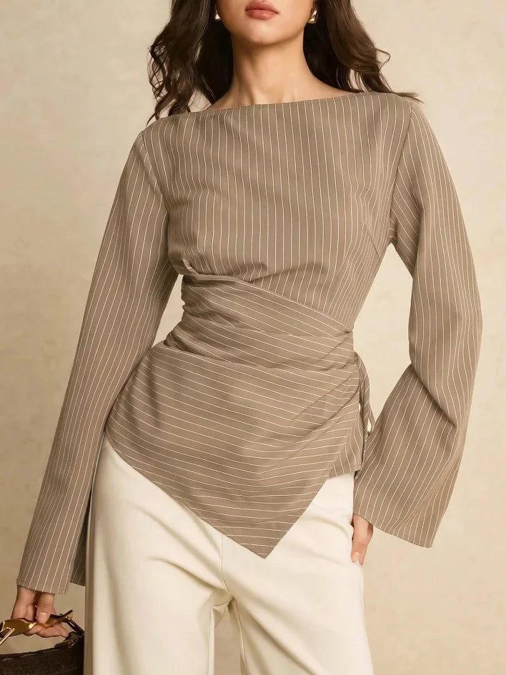 Pinstripe Boat Neck Flared Sleeve Tie Waist Asymmetric Hem Wrap Blouse | Serene Collection
