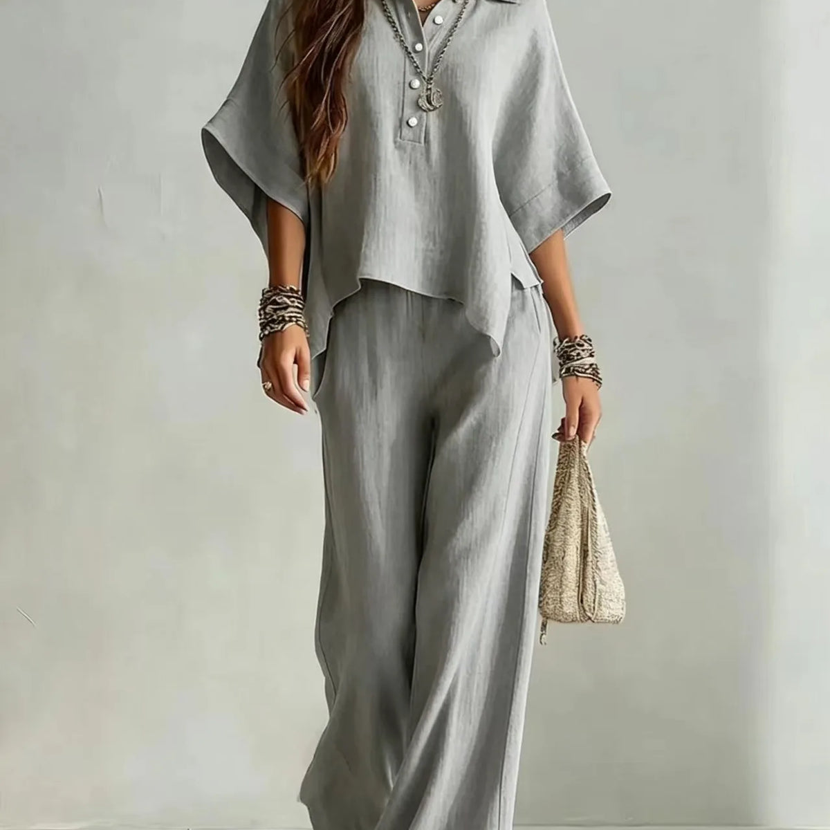 Half Sleeve Shirt and Wide Leg Trousers Two-Piece Set for Women | Selene Collection