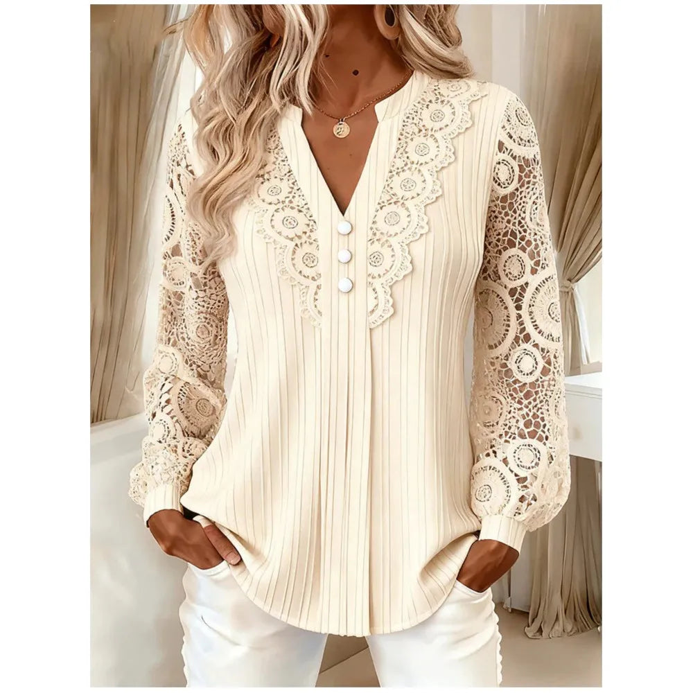 Lace Splice Notch Neck Button Front Ribbed Long Sleeve Blouse | Selora Collection