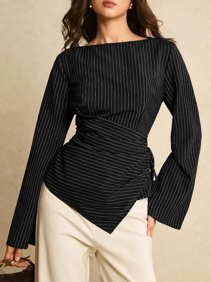 Pinstripe Boat Neck Flared Sleeve Tie Waist Asymmetric Hem Wrap Blouse | Serene Collection