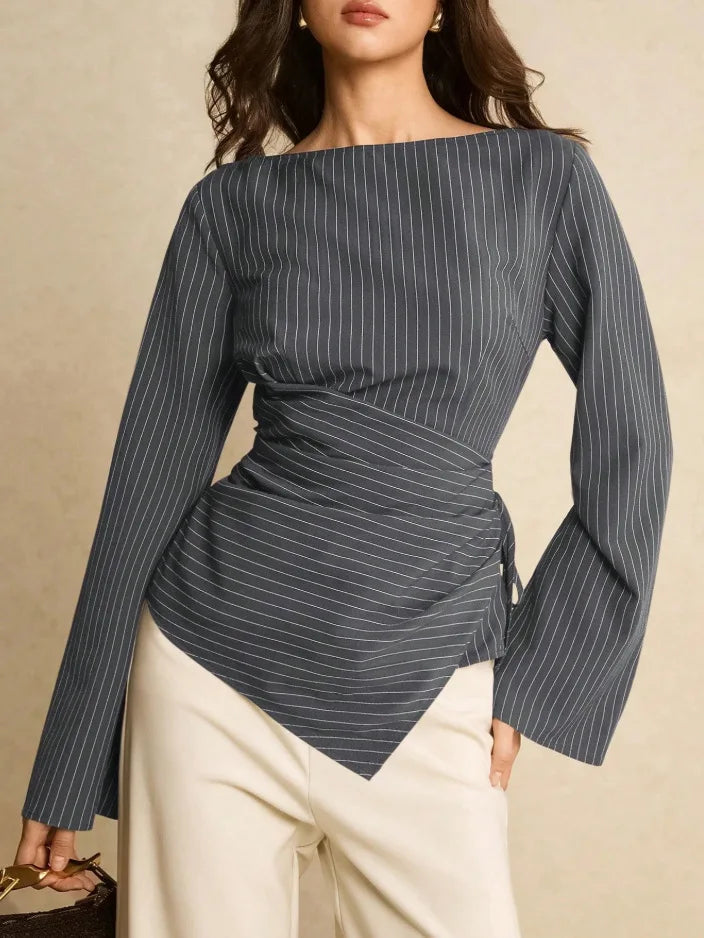 Pinstripe Boat Neck Flared Sleeve Tie Waist Asymmetric Hem Wrap Blouse | Serene Collection