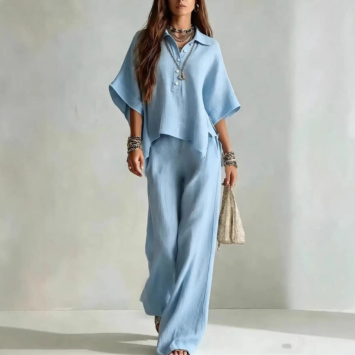 Half Sleeve Shirt and Wide Leg Trousers Two-Piece Set for Women | Selene Collection