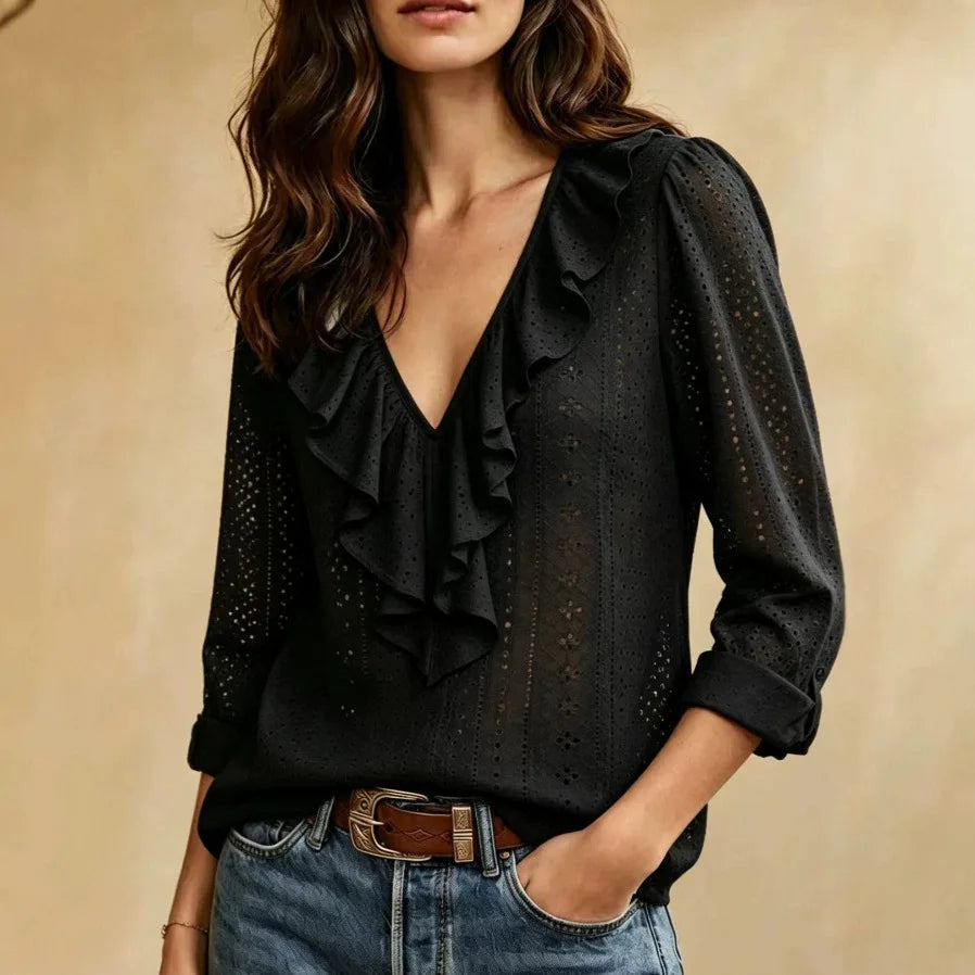 Broderie Anglaise V-Neck Ruffle Front Long Sleeve Blouse | Selene Collection