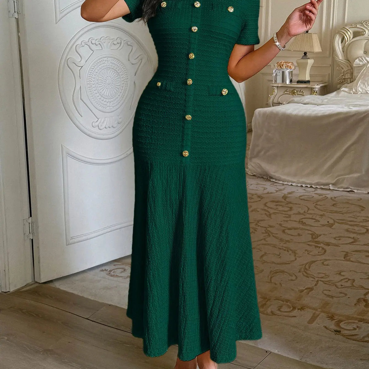 Short Sleeve Gold Button Fitted Flared Hem Midi Party Dress | Selene Collection