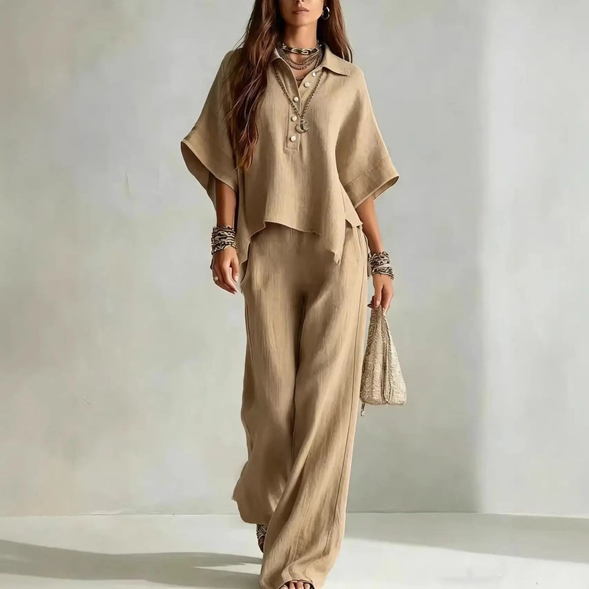 Half Sleeve Shirt and Wide Leg Trousers Two-Piece Set for Women | Selene Collection