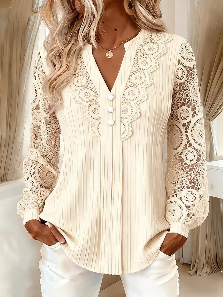 Lace Splice Notch Neck Button Front Ribbed Long Sleeve Blouse | Selora Collection