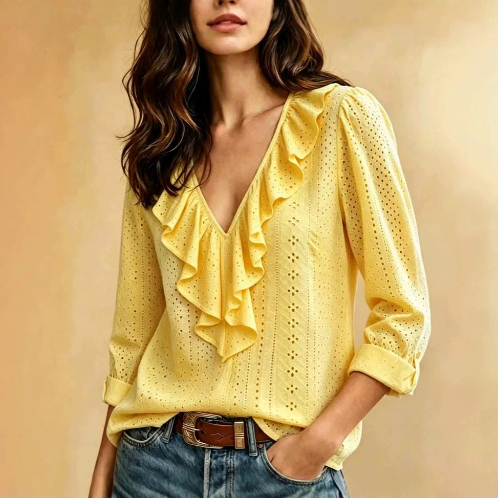 Broderie Anglaise V-Neck Ruffle Front Long Sleeve Blouse | Selene Collection