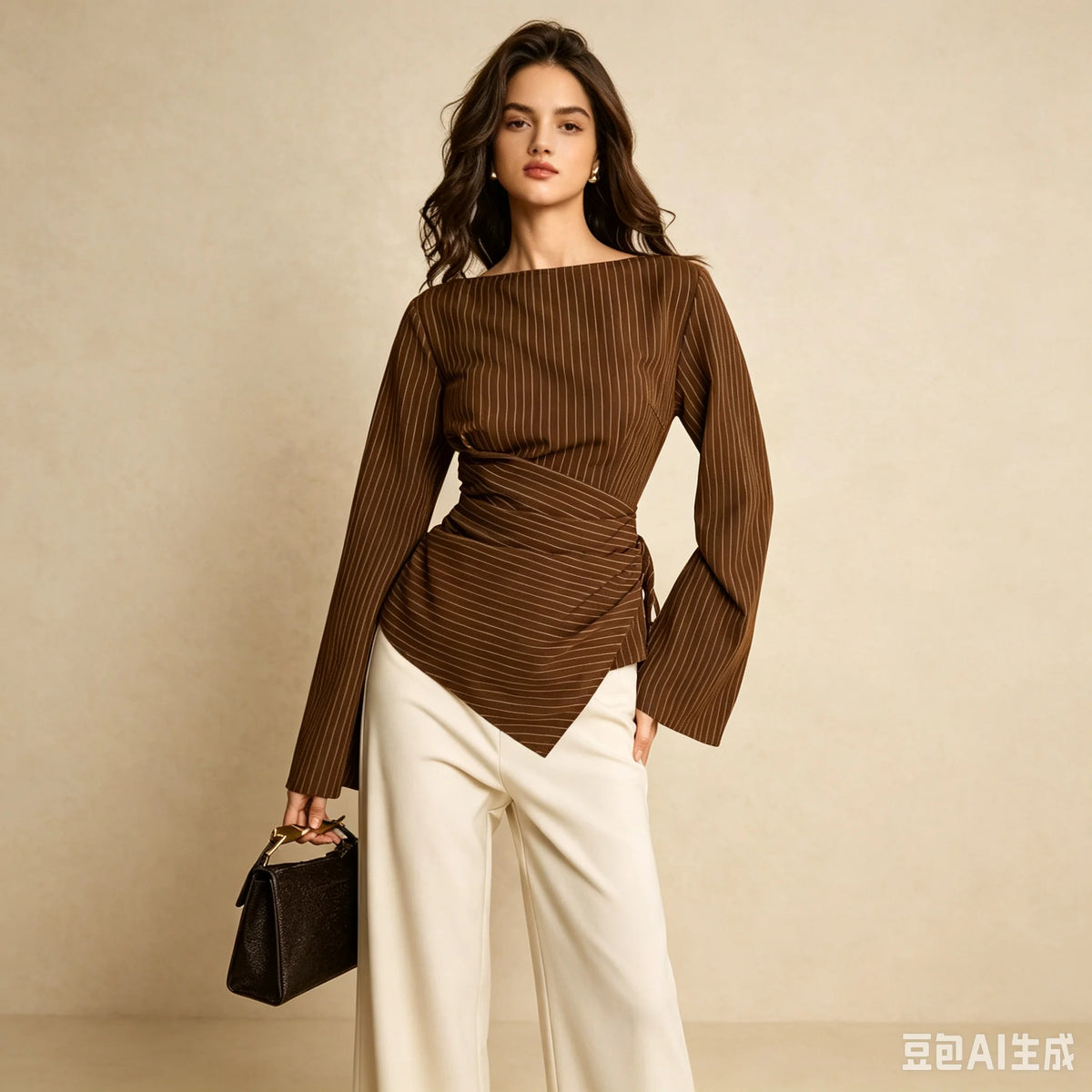 Pinstripe Boat Neck Flared Sleeve Tie Waist Asymmetric Hem Wrap Blouse | Serene Collection
