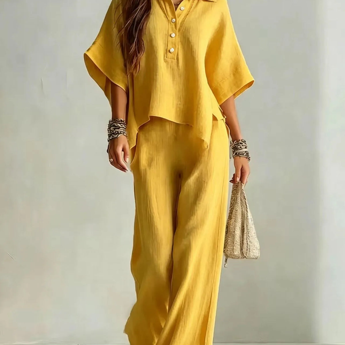 Half Sleeve Shirt and Wide Leg Trousers Two-Piece Set for Women | Selene Collection
