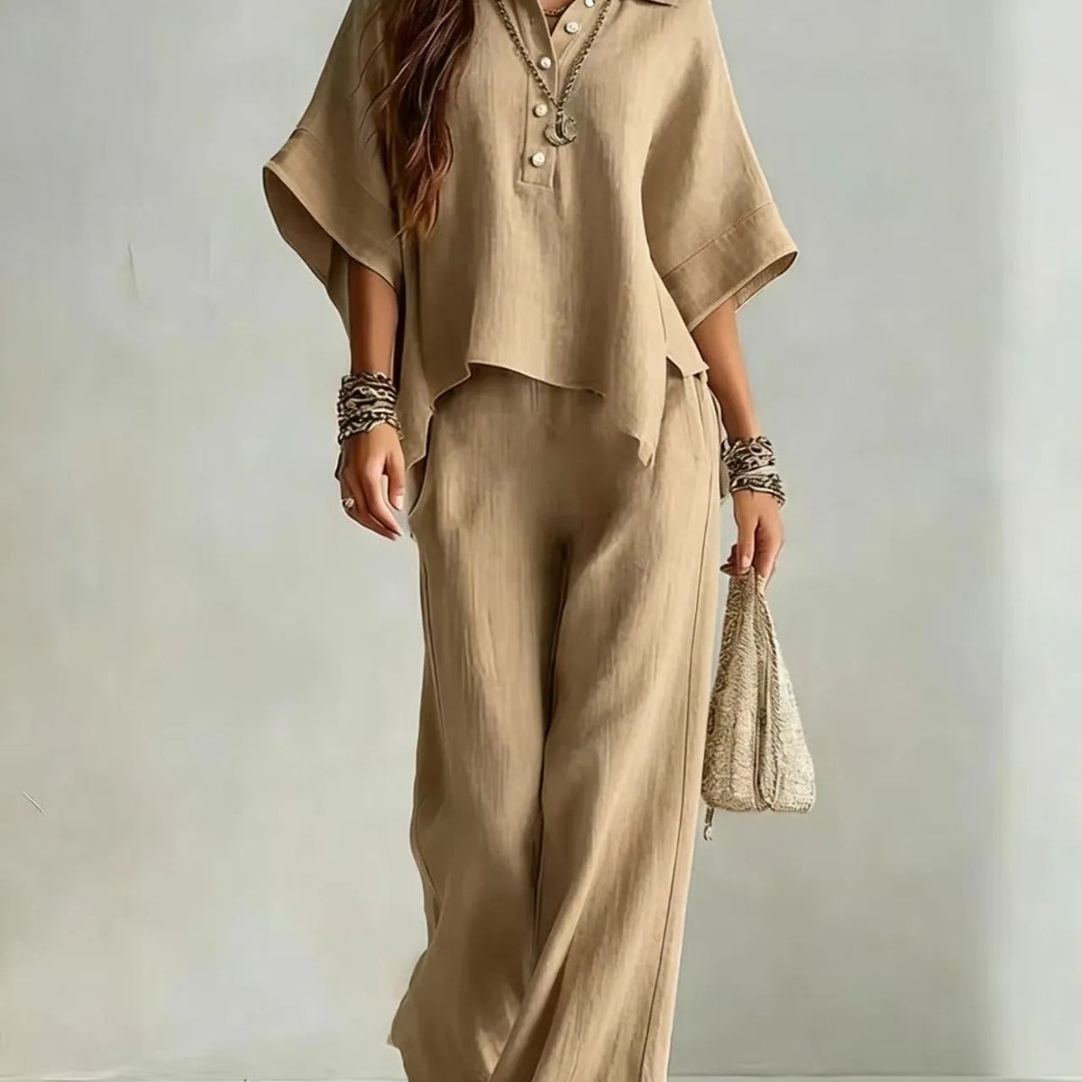 Half Sleeve Shirt and Wide Leg Trousers Two-Piece Set for Women | Selene Collection