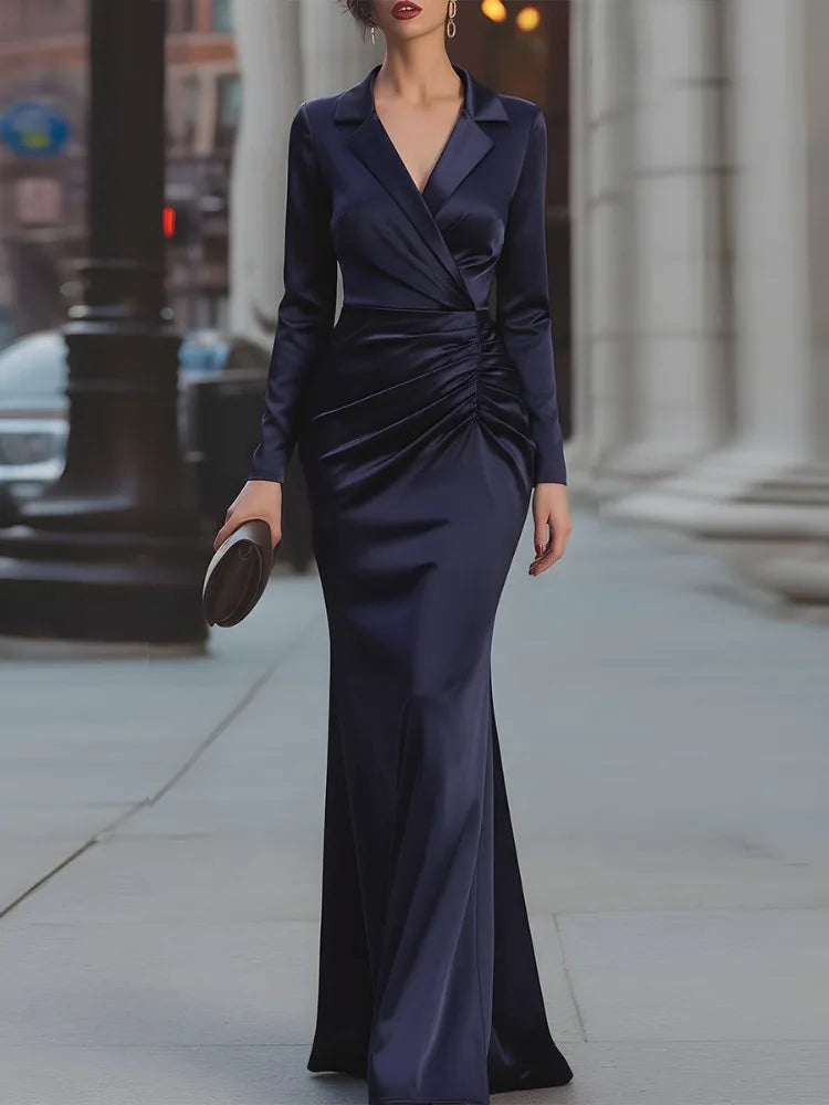 Blue Lapel V-Neck Long Sleeve Ruched Waist Pleated Maxi Wedding Guest Dress | Serene Collection