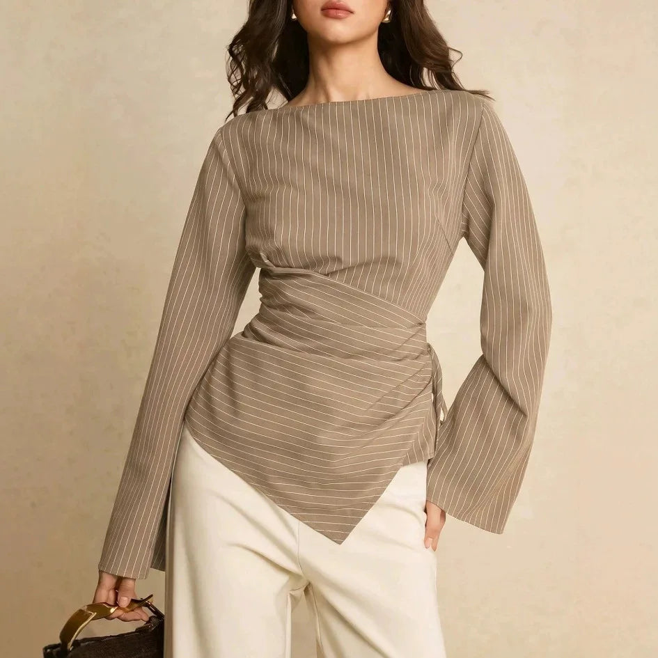Pinstripe Boat Neck Flared Sleeve Tie Waist Asymmetric Hem Wrap Blouse | Serene Collection