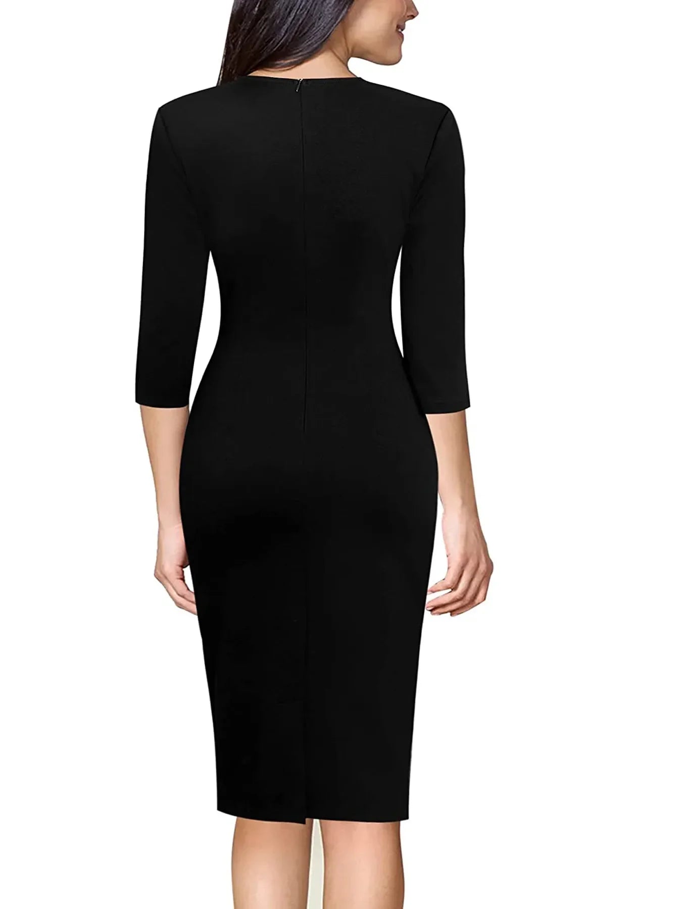 A woman wearing a black three-quarter sleeve bodycon dress, shown from the back against a plain white background.