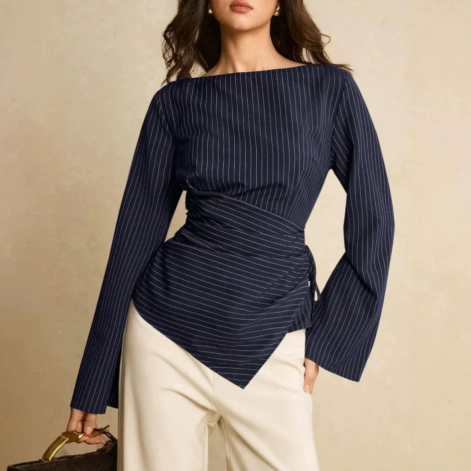 Pinstripe Boat Neck Flared Sleeve Tie Waist Asymmetric Hem Wrap Blouse | Serene Collection