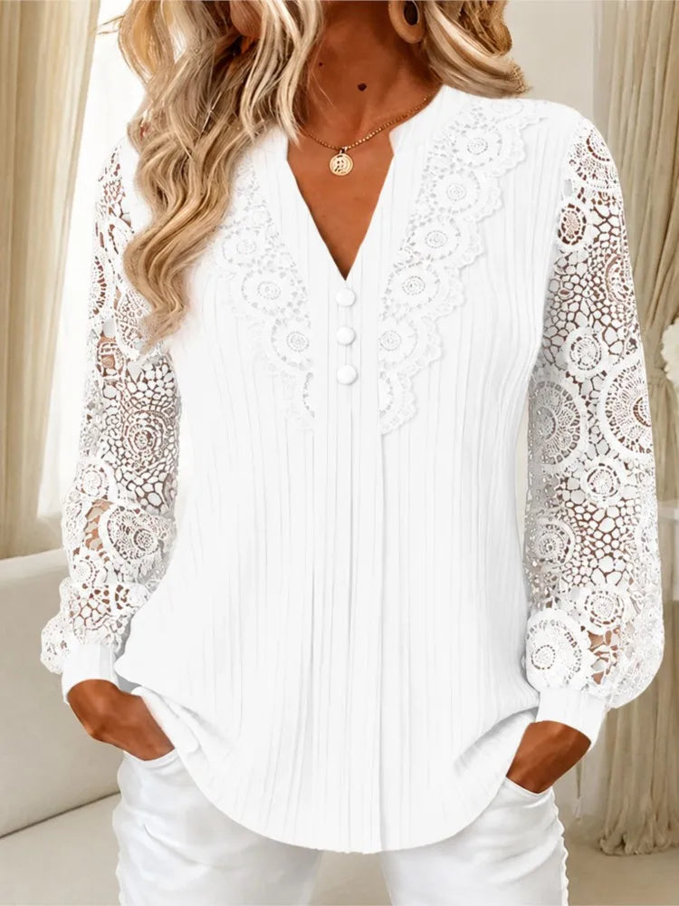 Lace Splice Notch Neck Button Front Ribbed Long Sleeve Blouse | Selora Collection