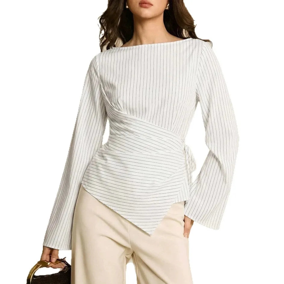 Pinstripe Boat Neck Flared Sleeve Tie Waist Asymmetric Hem Wrap Blouse | Serene Collection