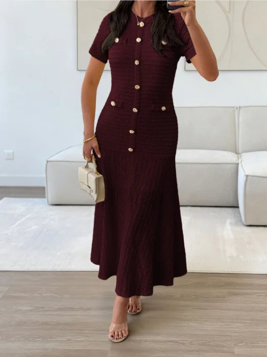 Short Sleeve Gold Button Fitted Flared Hem Midi Party Dress | Selene Collection