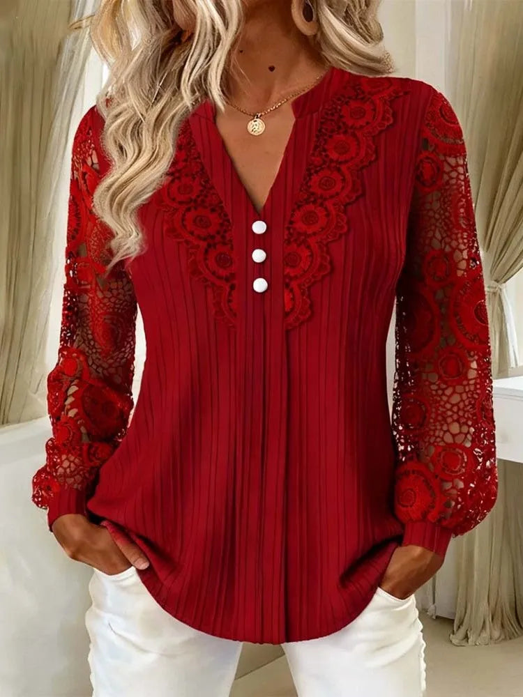 Lace Splice Notch Neck Button Front Ribbed Long Sleeve Blouse | Selora Collection