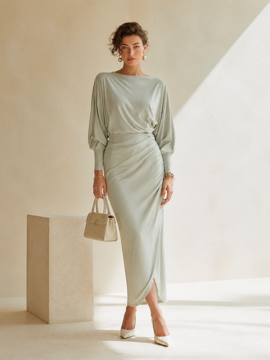 Sage Green Ruched Boat Neck Batwing Sleeve Bodycon Midi Dress | Serene Collection 1