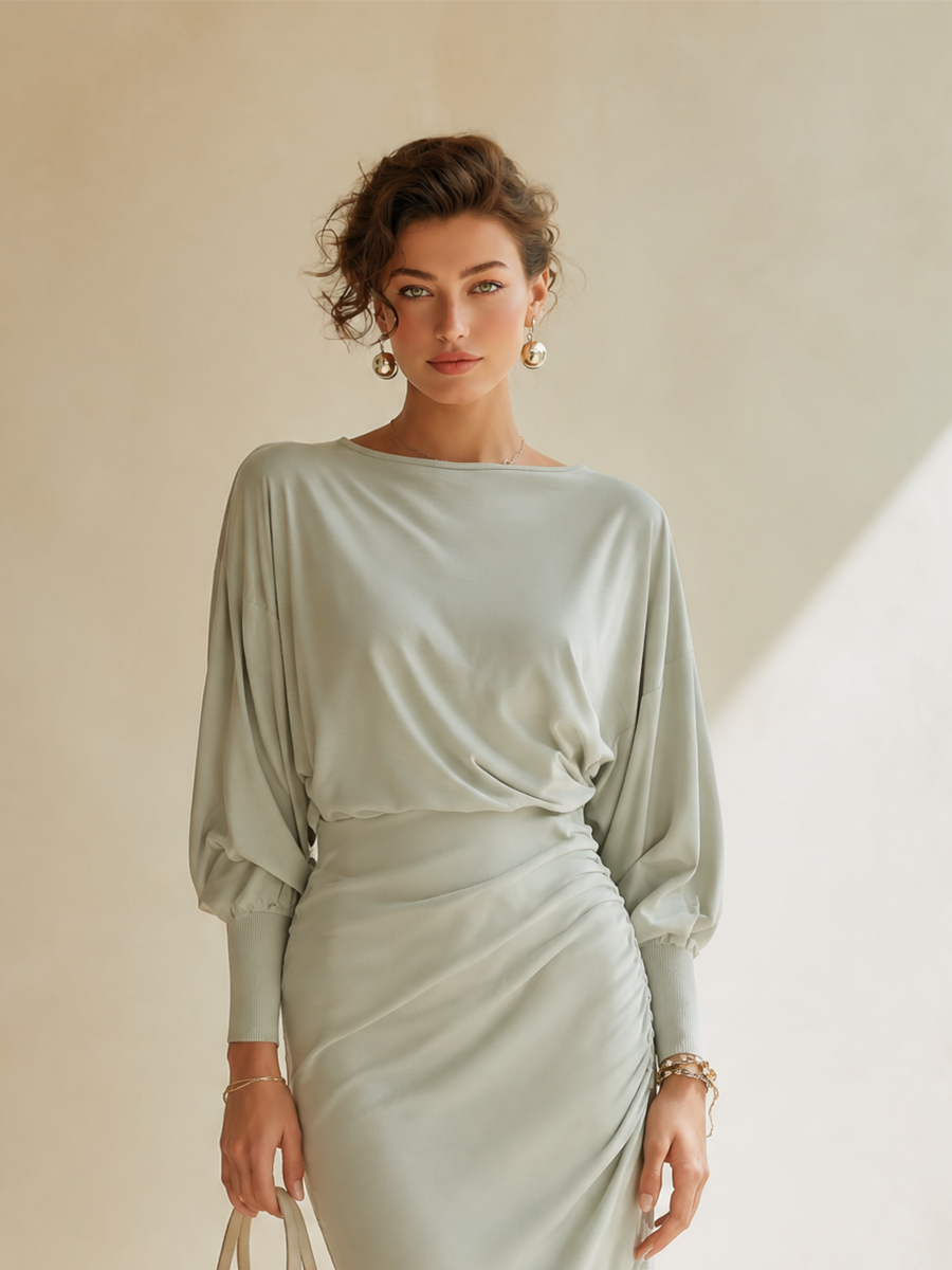Sage Green Ruched Boat Neck Batwing Sleeve Bodycon Midi Dress | Serene Collection 2