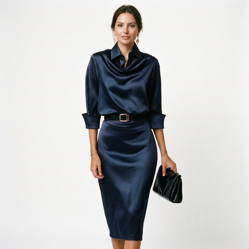Satin Draped Neck Three-Quarter Sleeve Fitted Midi Wedding Guest Dress | Seraphina Collection 0