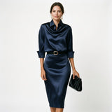 Satin Draped Neck Three-Quarter Sleeve Fitted Midi Wedding Guest Dress | Seraphina Collection 0