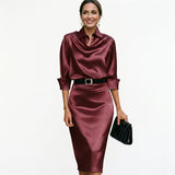 Satin Draped Neck Three-Quarter Sleeve Fitted Midi Wedding Guest Dress | Seraphina Collection 1