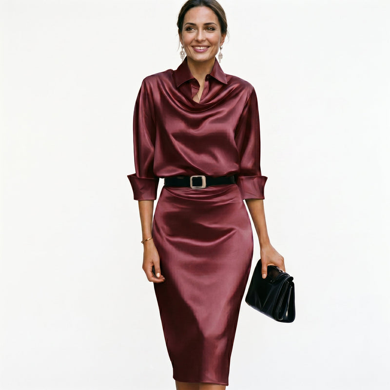 Satin Draped Neck Three-Quarter Sleeve Fitted Midi Wedding Guest Dress | Seraphina Collection 1