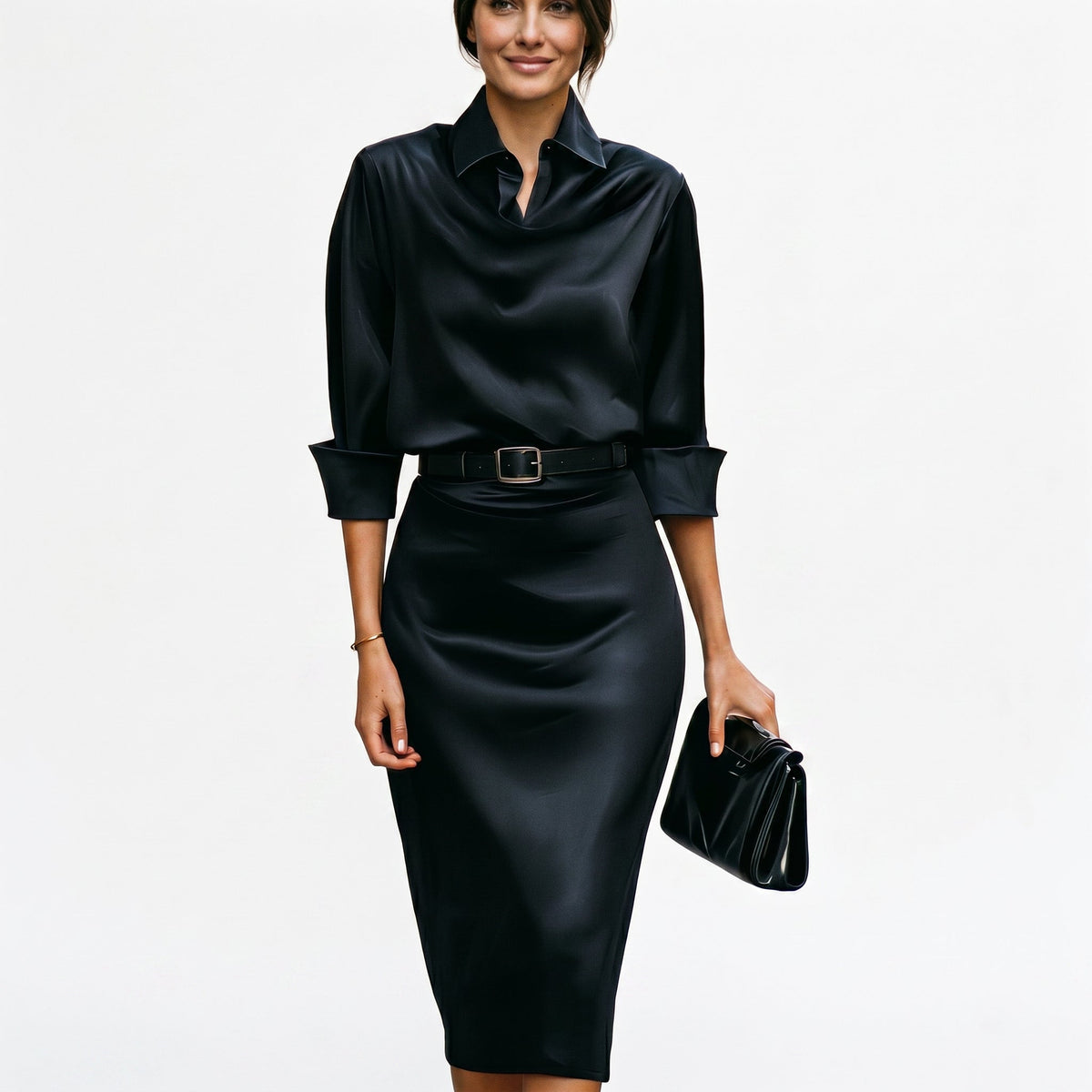 Satin Draped Neck Three-Quarter Sleeve Fitted Midi Wedding Guest Dress | Seraphina Collection 3