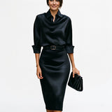 Satin Draped Neck Three-Quarter Sleeve Fitted Midi Wedding Guest Dress | Seraphina Collection 3
