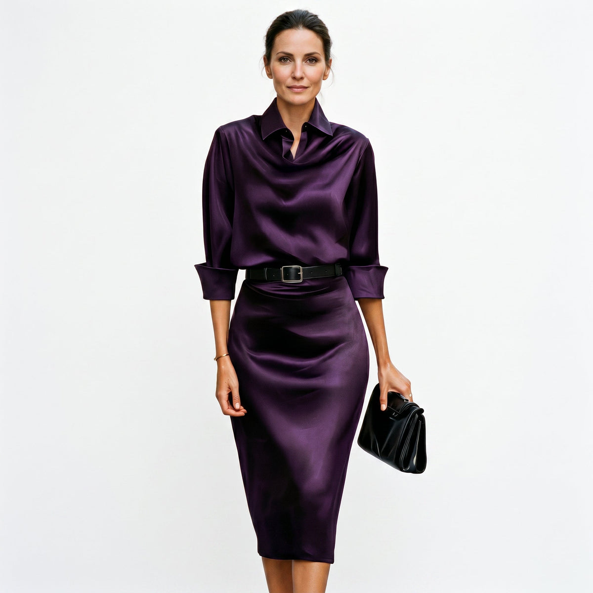 Satin Draped Neck Three-Quarter Sleeve Fitted Midi Wedding Guest Dress | Seraphina Collection 4