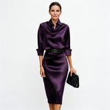 Satin Draped Neck Three-Quarter Sleeve Fitted Midi Wedding Guest Dress | Seraphina Collection 4