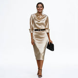 Satin Draped Neck Three-Quarter Sleeve Fitted Midi Wedding Guest Dress | Seraphina Collection 5