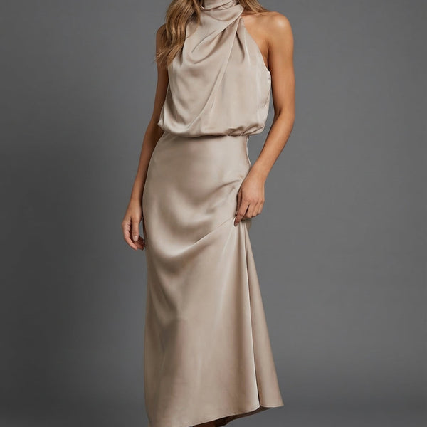 Satin Halterneck Open Back Midi Wedding Guest Dress | Haven Collection 0