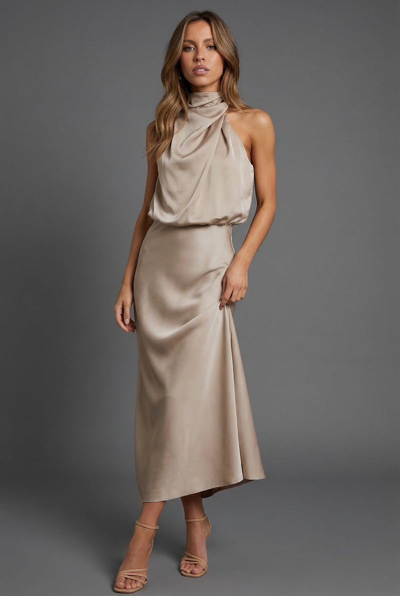 Satin Halterneck Open Back Midi Wedding Guest Dress | Haven Collection 0