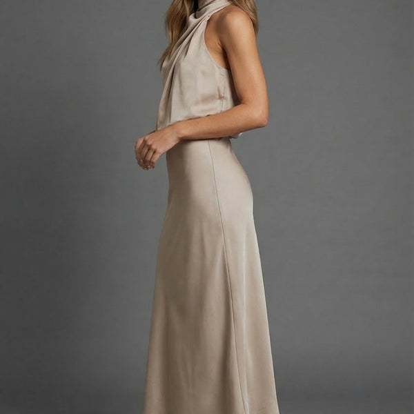 Satin Halterneck Open Back Midi Wedding Guest Dress | Haven Collection 1