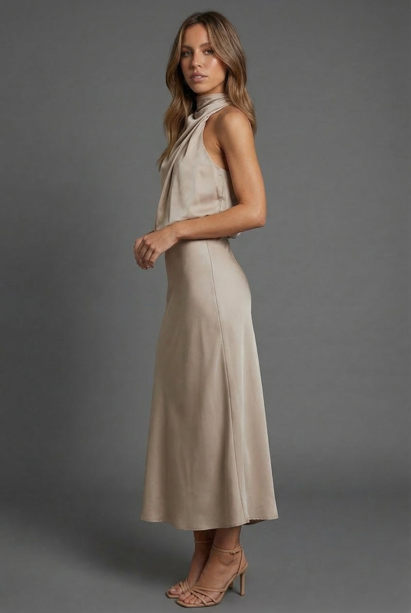 Satin Halterneck Open Back Midi Wedding Guest Dress | Haven Collection 1